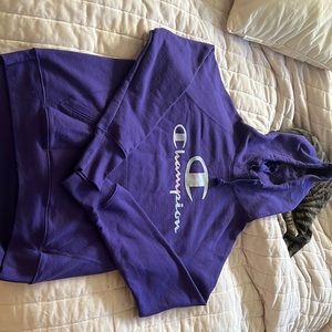 Champion purple hoodie w/ marble colorful text
